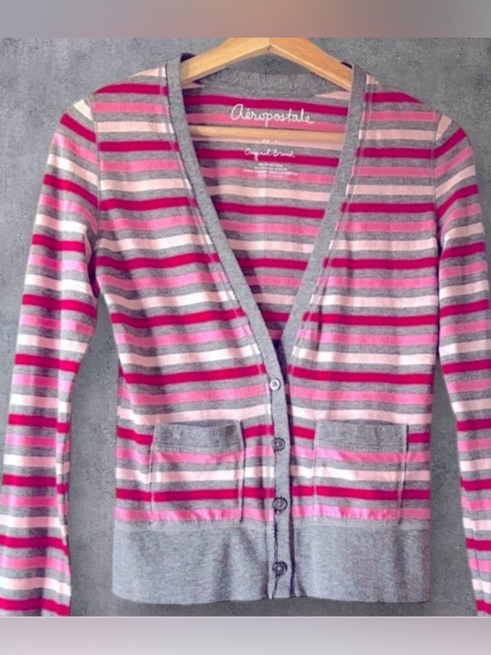 Aeropostale Striped V-Neck Cardigan Pink Gray Red SP